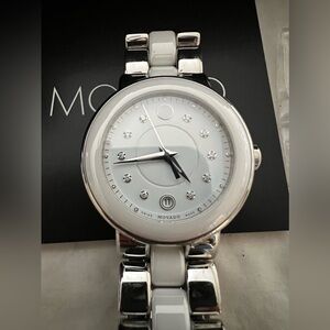 MOVADO WOMENS DIAMONDS SILVER-WHITE CERAMIC SS SWISS WATCH CERENA